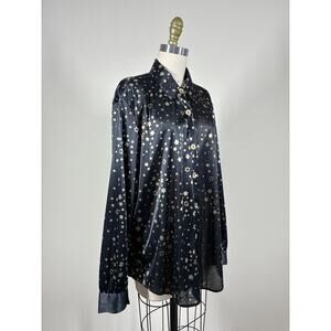 Vintage Star Print Blouse Long Sleeve Top Large Black Gold Metallic Whimsigoth